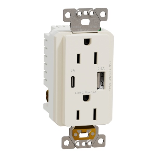 Schneider Electric SQR55153LA - USB charger + socket-outlet, X Series, 15A socket, 5.4A USB A/C, duplex, tamper resistant, light almond, matte finish