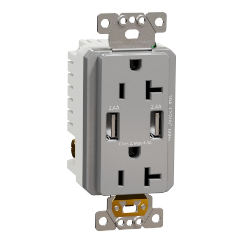 Schneider Electric SQR55241GY - USB charger + socket-outlet, X Series, 20A socket, 4.8A USB A/A, duplex, tamper resistant, gray, matte finish