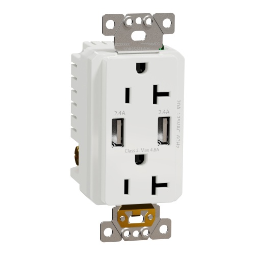 Schneider Electric SQR55241WH - USB charger + socket-outlet, X Series, 20A socket, 4.8A USB A/A, duplex, tamper resistant, white, matte finish