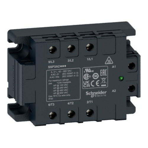 Schneider Electric SSP3A225BDRT Solid State Relay - 25A, panel mount, random switching, thermal pad, input 4 to 32V DC, output 42 to 660V AC