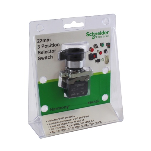 Schneider Electric XB4AS2 black selector switch Ø22 3-position stay put 2 NO