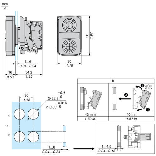 Schneider Electric XB4BL734155 Harmony 22 mm Rectangular Green Chromium plated metal Push Button Non-Illuminated Flush 1 NO + 1 NC Modular Complete Assembly
