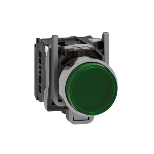 Schneider Electric XB4BW13G5 - Illuminated push button, Harmony XB4, green flush, universal LED, 22mm, spring return, plain lens, 1NO + 1NC, 110…120V