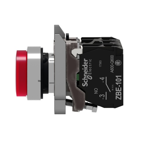 Schneider Electric XB4BW14B5 - Red flush, universal LED, 22mm, spring return, plain lens, screw clamp terminals, 1NO + 1NC, 110…120V
