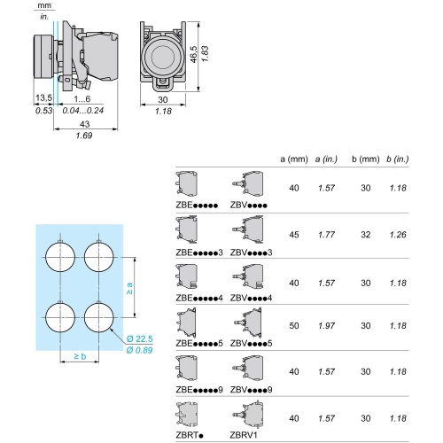 Schneider Electric XB4BW3465 Harmony 22 mm Round Red Chromium plated metal Push Button Illuminated Flush 1 NO + 1 NC Modular Complete Assembly