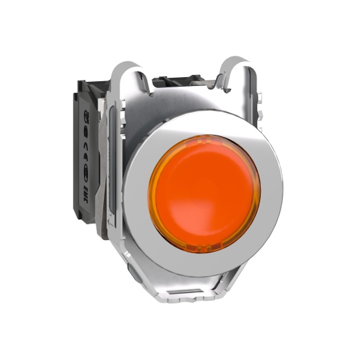 Schneider Electric XB4FW35M5 Illuminated push button flush mounted, metal, orange, 30 mm, integral LED, 230V AC 1 NO + 1 NC