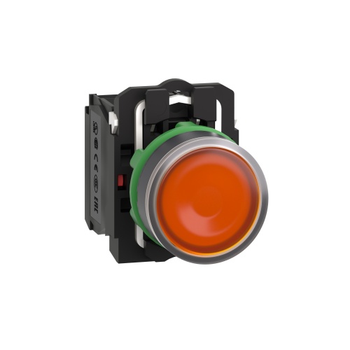 Schneider Electric XB5AW35G5 Harmony 22 mm Round Orange Dark gray plastic Push Button Illuminated Flush 110-120 V AC 1 NO + 1 NC Modular Complete Assembly
