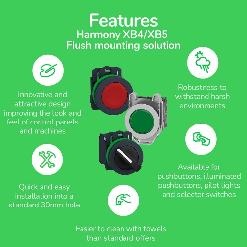 Schneider Electric ZB4FA333 Flush mounted push button head, metal, green, 30 mm, spring return, marked START