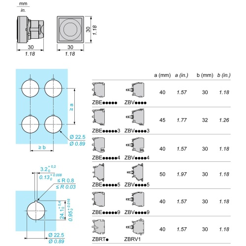 Schneider Electric ZB5CW343 red square flush illum pushbutton head Ø22 spring return for integral LED